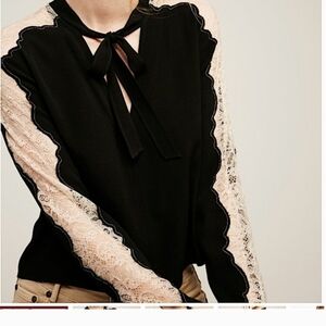 Free People Freya Black and Cream Lace Blouse Tie Neck Sz M Wesyern Boho Goth